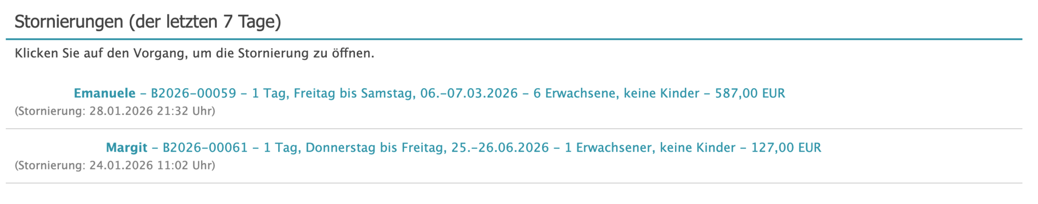 Auf der Startseite sehen Sie sofort, falls es zu Stornierungen einer Ihrer Buchung gekommen ist.